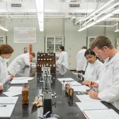 Group of students working around lab bench - LG