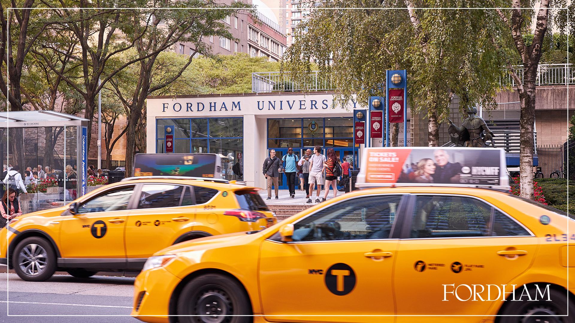 Zoom background of Lincoln Center camppus and yellow taxis