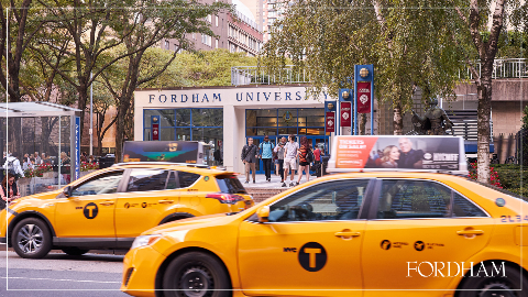 Zoom background with the Lincoln Center campus and yellow taxis.
