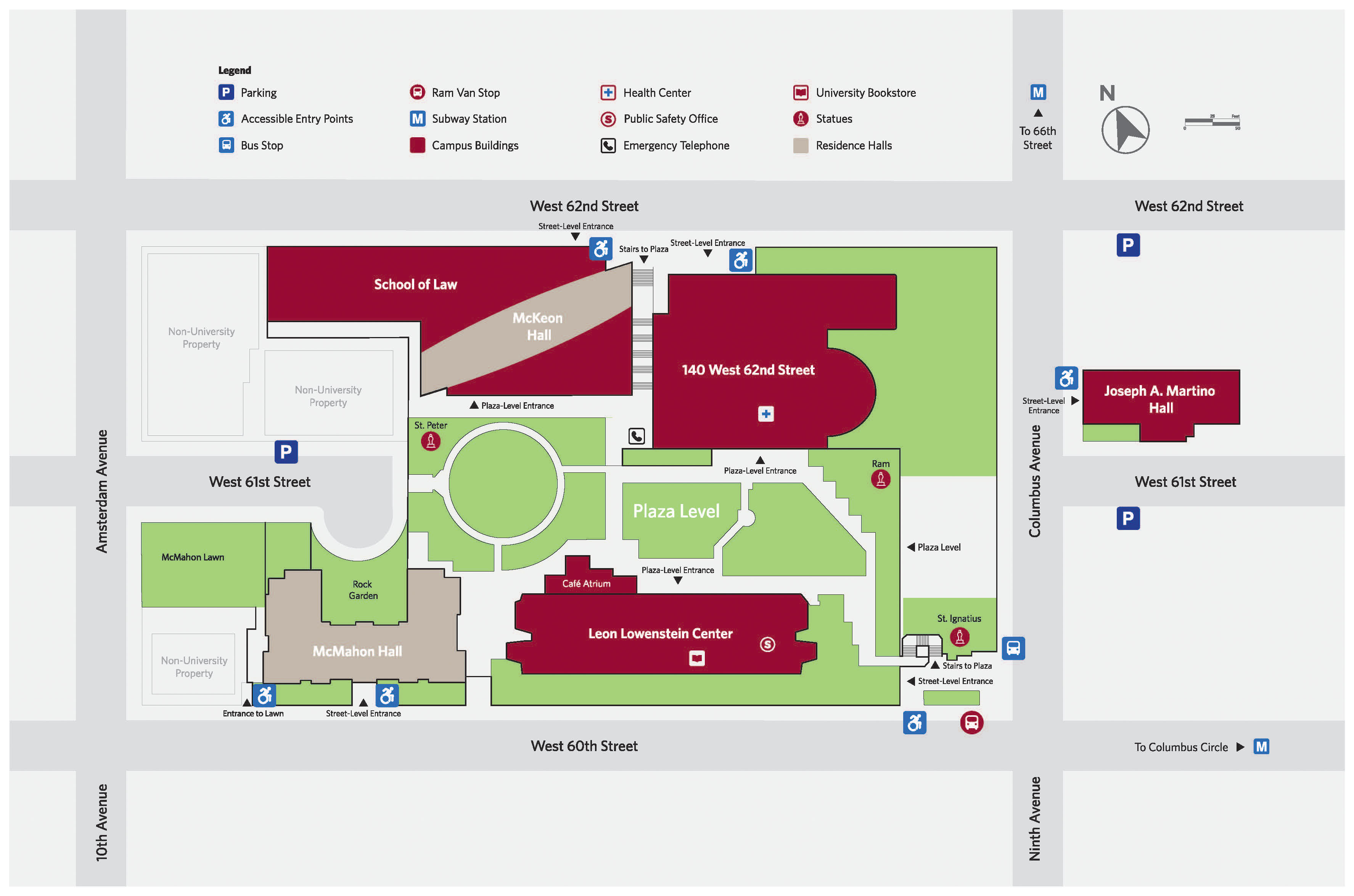 Map of Fordham's Lincoln Center campus consisting of the buildings McMahon Hall, Leon Lowenstein Center, Joseph A. Martino Hall, 140 West 62nd Street, McKeon Hall, and the School of Law. Outdoor locations include McMahon Lawn, the Rock Garden, and Leon Lowenstein Plaza. Indication of Parking, Accessible Entry Points, Bus Stop, Ram Van Stop, Subway Stations, Campus Buildings, Health Center, Public