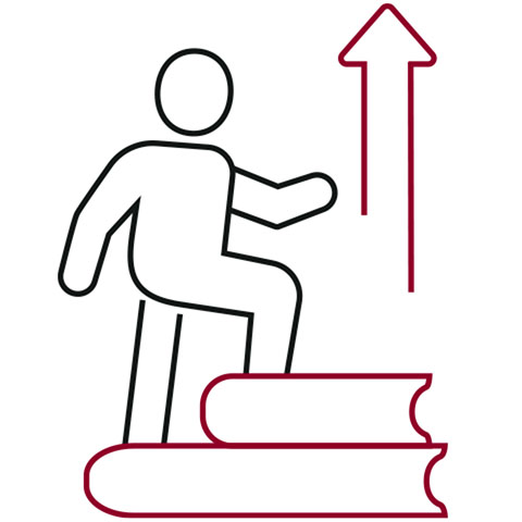 Figure going up steps with an up arrow in the background