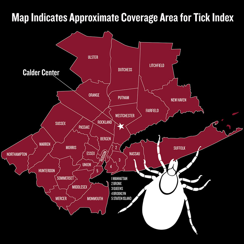 Regional Map for Tick Index including:  Manhattan, Bronx, Queens, Brooklyn, Staten Island, Nassau, Suffolk, Hudson, Essex