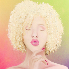 A painting of an African American woman with albinism, in a modeling pose with one hand tilting her chin upwards, eyes closed and with a slight part to her lips. She has a white-blonde curly bob haircut and is in front of a gradient background of yellow, pink, green, and purple.