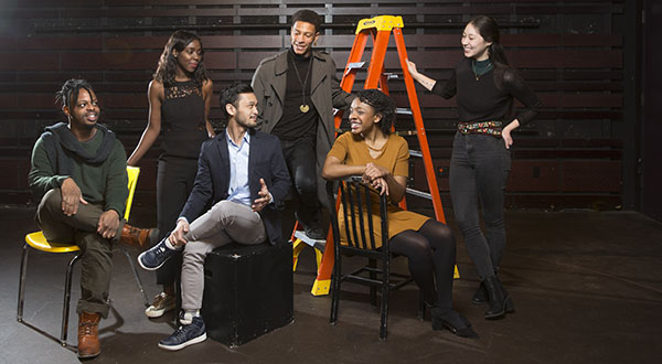 The Denzel Washington Scholars, March 2018 (from left): actors Darby Davis ’16, Mayaa Boateng ’13, Daniel Velasco ’14, Eric Lawrence Taylor ’18, and Amber Avant ’15, and costume designer Siena Zoë Allen ’15