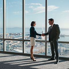 A businessman and businesswoman shaking hands while in a skyscraper