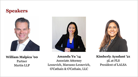 Image of speakers Kimberly Ayudant ’21, William Malpica ’00, and Amanda Yu ’14 on How to be Effective in a Virtual World: Virtual Networking.