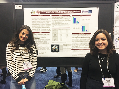 Melissa Arfuso and Teona Iarajuli presenting research at the annual meeting of the Society for Neuroscience in Washington DC.