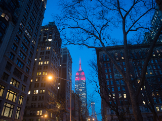 View of the New York Skyline at night and the Empire State Building with colored lights in the background